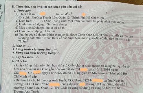 Bán đất mặt tiền Hà Huy Giáp Q12, 123.5m2, nở hậu mỏng, dài 30.86m, Đ. 10m giá 9.x tỷ